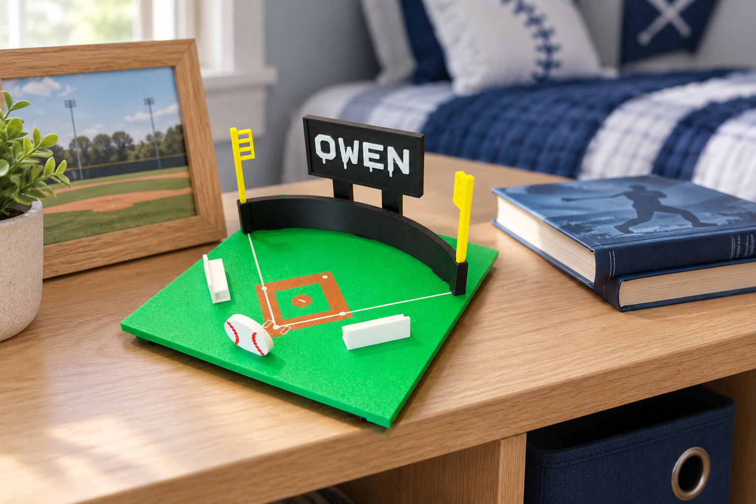 OWEN baseball display on a bedroom shelf with books
