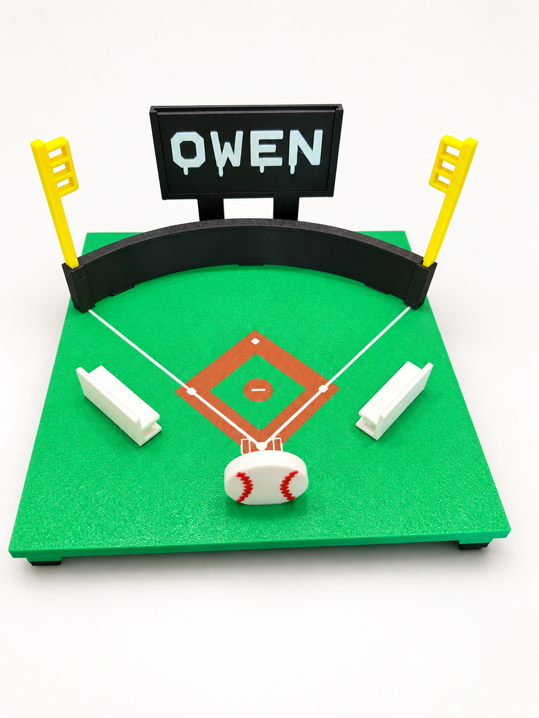 OWEN personalized baseball field with yellow foul poles, white benches and baseball ornament