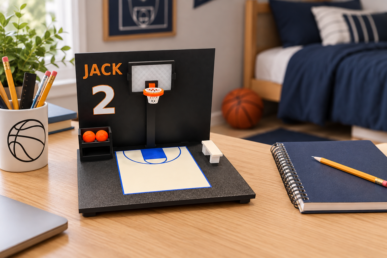 Indoor basketball keepsake on a youth bedroom desk